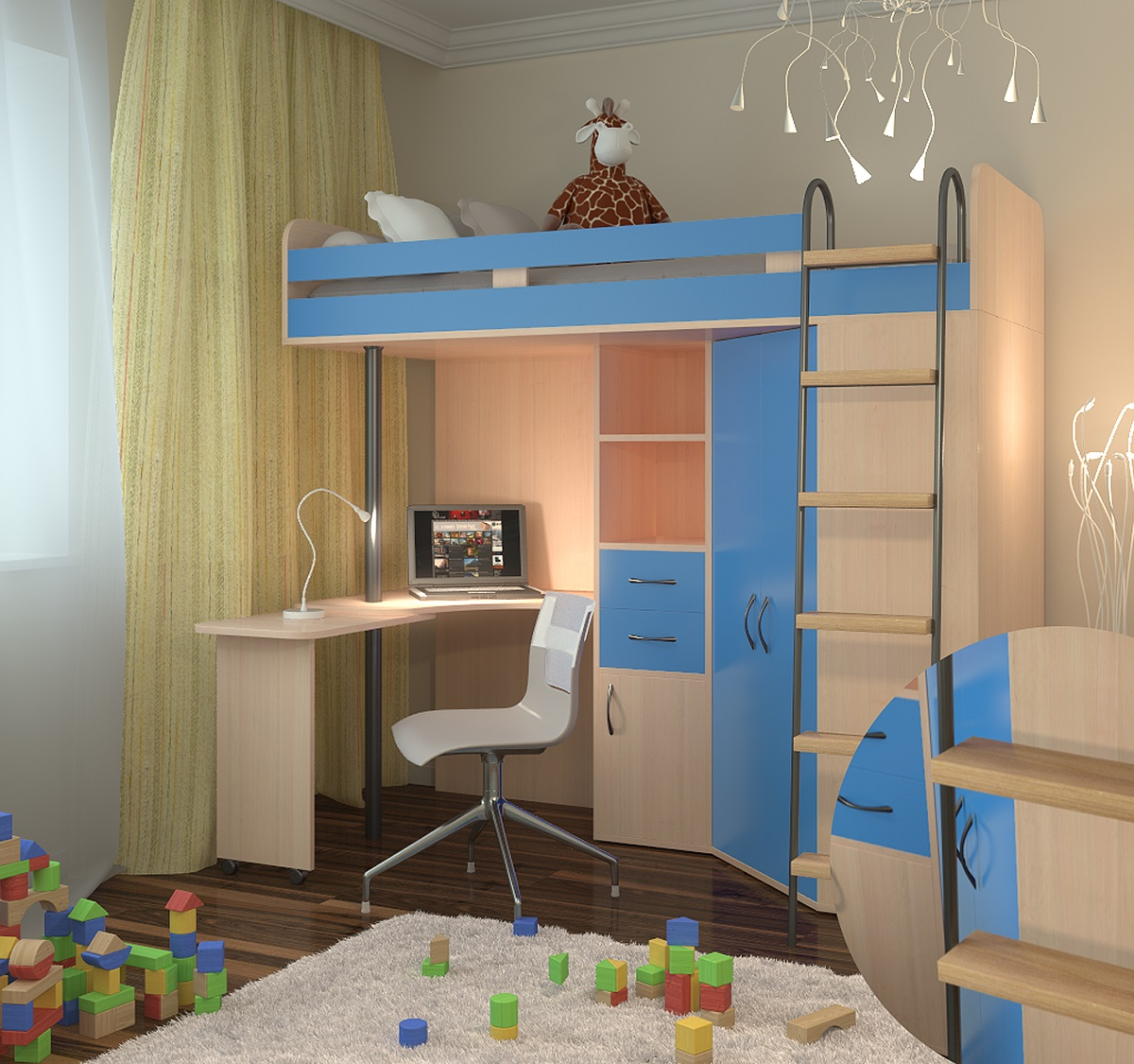 Детские комнаты с двухъярусной кроватью столом и шкафом для небольшой комнаты